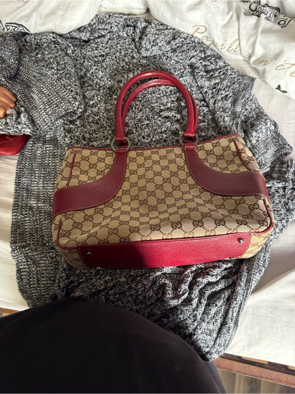 Gucci Beige GG Supreme Satchel with Red Leather Trim